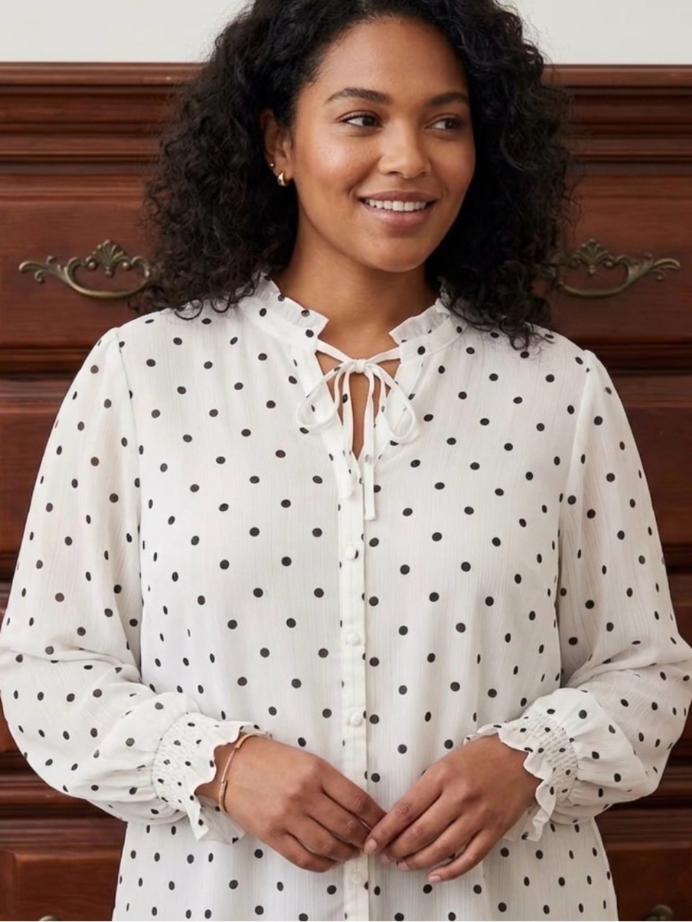 Torrid 2X White Black Polka Dot Tie-Neck Blouse Ruffle Top